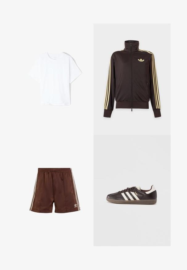 Chaqueta deportiva negra con cremallera y cuello alto, con rayas amarillas claras en las mangas y logo de Adidas trefoil en el pecho izquierdo.; Camiseta blanca lisa de algodón con manga corta y cuello redondo, presentada plana sobre un fondo blanco.; Pantalones cortos deportivos marrones hechos de una tela suave con un corte relajado, que presentan franjas laterales blancas y un logo bordado en el bajo izquierdo.; Zapatillas deportivas de cuero marrón oscuro con diseño de tres franjas blancas, suela de goma y la palabra "Samba" en letras doradas en el lateral. Forma clásica de corte bajo.