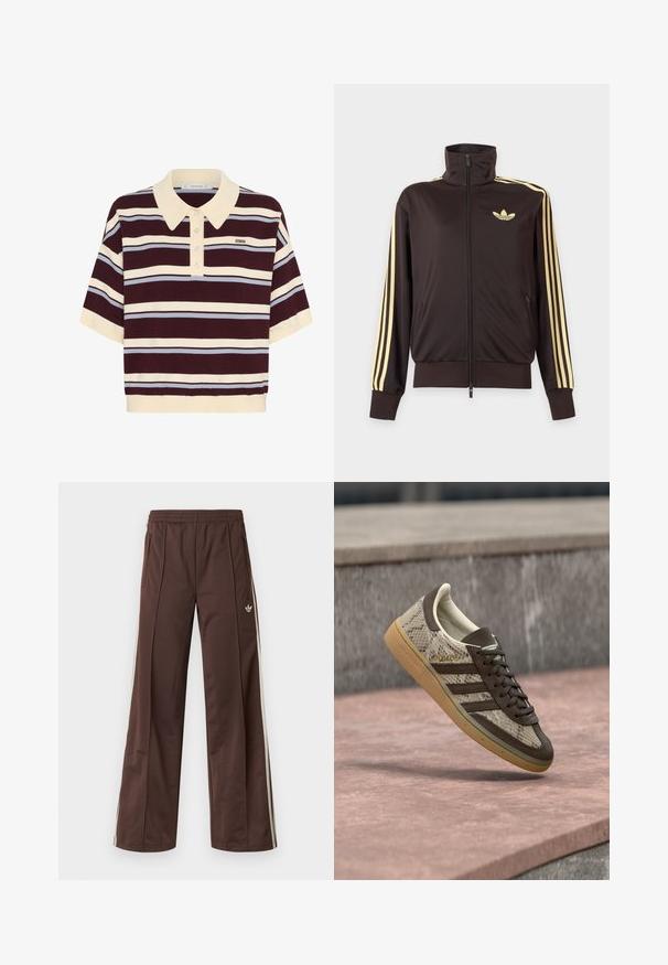 Zwarte joggingjas met rits en hoge kraag, lichtgele strepen op de mouwen en Adidas trefoil-logo op de linkerborst.; Korte mouwen polo shirt in kastanjebruin en crèmekleurige strepen met lichtblauwe accenten, met een kraag en knoopsluiting. Zacht gebreide stof.; Bruine sportbroek met een wijd uitlopende pijp, witte zijstrepen, een elastische tailleband en twee zijzakken. Heeft een klein logo op het been.; Bruin en beige Adidas sneaker met slangenpatroon, gumzool en de tekst "SPEZIAL" zwevend boven een stenen oppervlak buiten.
