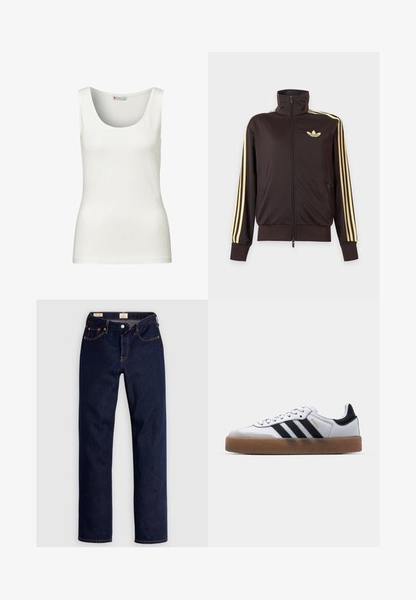 Veste de survêtement noire zippée avec col haut, bandes jaune clair le long des manches et logo adidas trefoil sur la poitrine gauche.; Débardeur blanc sans manches avec un col rond, fabriqué en tissu en coton lisse, présentant une coupe ajustée et sans motifs ni accents visibles.; Jean droit bleu foncé avec coutures orange, cinq poches et fermeture par bouton, posé à plat sur un fond clair.; Baskets en cuir blanc avec des rayures noires, semelle extérieure en caoutchouc beige, bout rond, fermeture lacée et embout en suède gris doux.