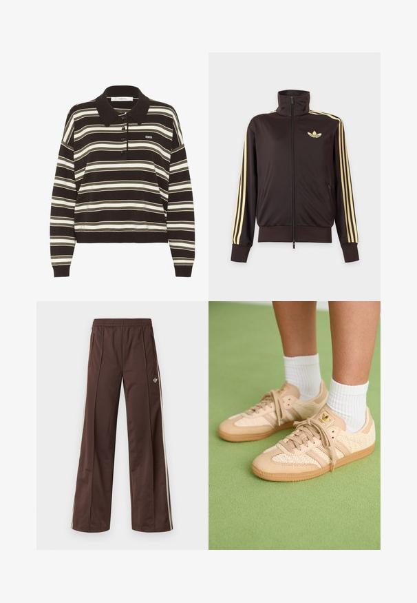 Chaqueta deportiva negra con cremallera y cuello alto, con rayas amarillas claras en las mangas y logo de Adidas trefoil en el pecho izquierdo.; Camisa polo de manga larga con rayas horizontales en marrón, beige y blanco, con una tapeta de botones y un pequeño logo "BG" en el pecho.; Pantalones deportivos marrones con diseño de pierna ancha, franjas laterales blancas, cintura elástica y dos bolsillos laterales. Presentan un pequeño logo en la pierna.; Pies con zapatillas Adidas tejidas beige con suelas de goma y calcetines blancos justo por encima del tobillo sobre un suelo verde texturizado.