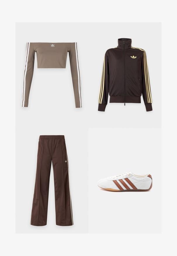 Musta vetoketjullinen urheilutakki korkealla kauluksella, vaaleankeltaiset raidat hihoissa ja Adidas trefoil -logo vasemmassa rinnassa.; Ruskea olkapäiltä avattu crop-top, joka on valmistettu sileästä kankaasta. Tässä vaatteessa on pitkät hihat, joiden varrella on valkoiset raidat, ja rinnassa pieni logo.; Ruskeat urheiluhousut leveillä lahkeilla, valkoisilla sivuraitoja, joustavalla vyötäröllä ja kahdella sivutaskulla. Lahkeessa pieni logo.; Valkoinen matala tennarikenkä, jossa ruskeat nahkaraitoja, nauhallinen suljenta ja kuminen pohja, esitettynä sisäpuolelta valkoisella taustalla.