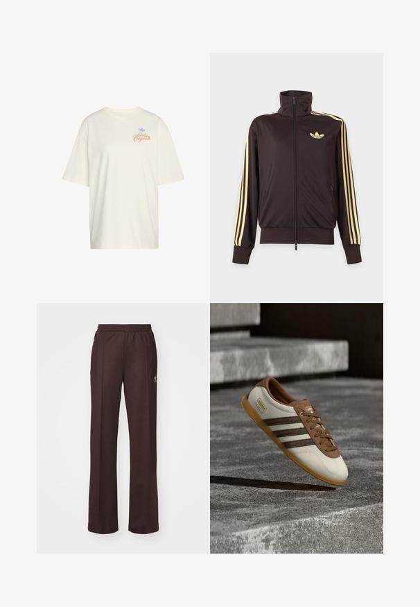 Čierna športová bunda na zips s vysokým golierom, svetložlté pruhy na rukávoch a logo Adidas trefoil na ľavej strane hrude.; Biele tričko Adidas Originals s krátkym rukávom, malým oranžovým logom a modrým symbolom trefoil na hornej ľavej časti hrudníka.; Hnedé športové nohavice s elastickým pásom, dvoma bočnými vreckami a malým logom na ľavej strane, vyrobené z mäkkej látky.; Biela a hnedá teniska Adidas Gazelle s gumovou podrážkou vznášajúca sa nad kamennými schodmi a zemou v exteriéri.