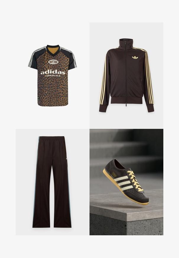 Schwarze Trainingsjacke mit Reißverschluss und hohem Kragen, hellgelben Streifen an den Ärmeln und Adidas Trefoil Logo auf der linken Brust.; adidas Originals LEO PRINT SATIN - T-Shirt print - multicolor bronze strata; Schwarze, weit geschnittene Trainingshose mit hellblauen Seitenstreifen, elastischem Bund, Reißverschlusstaschen und Adidas-Logo an der linken Hüfte.; Dunkelbrauner Sneaker mit beigen Schnürsenkeln, drei weißen Streifen an der Seite und einer gelben Sohle, dargestellt schwebend über einer Betonkante.