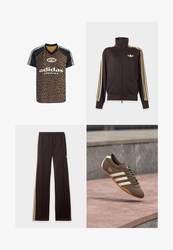 Sort lynlåstrøje med høj krave, lysegule striber ned ad ærmerne og Adidas trefoil-logo på venstre bryst.; adidas Originals LEO PRINT SATIN - T-shirts print - multicolor bronze strata; Sorte træningsbukser med gule sidelister, elastisk taljebånd, lynlåslommer i siderne og en lille logo på den øvre lår.; Brun ruskindssneaker med hvide striber og branding, med rund tå og ydersål af gummibelagt gummi, hængende over en struktureret overflade.