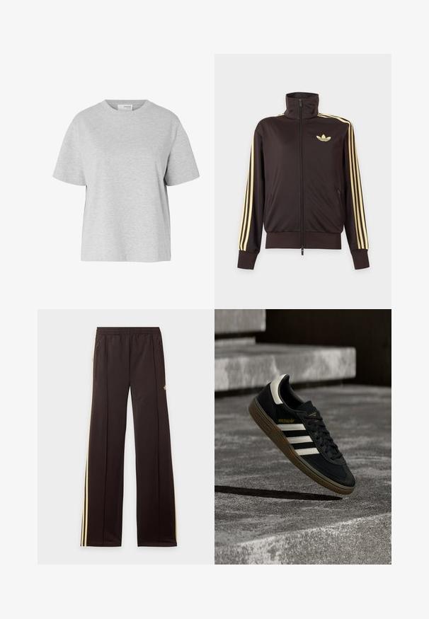 Sort lynlåstrøje med høj krave, lysegule striber ned ad ærmerne og Adidas trefoil-logo på venstre bryst.; Lysegrå T-shirt med korte ærmer og rund hals, løs pasform og uden synlige mønstre eller logoer.; Sorte træningsbukser med gule sidelister, elastisk taljebånd, lynlåslommer i siderne og en lille logo på den øvre lår.; Sort Adidas-sneaker med hvide striber og gummisåler, svævende over grå betontrapper i naturligt lys.