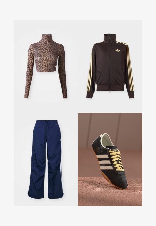 Čierna športová bunda na zips s vysokým golierom, svetložlté pruhy na rukávoch a logo Adidas trefoil na ľavej strane hrude.; Hnedo-čierny crop top s dlhým rukávom so vzorom leopardích škvŕn, s vysokým golierom a hladkou, jemnou textúrou. Diskrétny logový detail na leme.; Tmavomodré, ľahké nohavice s elastickým pásom a sťahovacou šnúrkou, so svetlými bočnými pásmi a malým logom na prednej strane. Strih voľného strihu.; Čierna atletická obuv s tromi bielymi pruhmi, žltými šnúrkami a textúrovaným povrchom. Má zakrivený dizajn a gumenú podrážku.