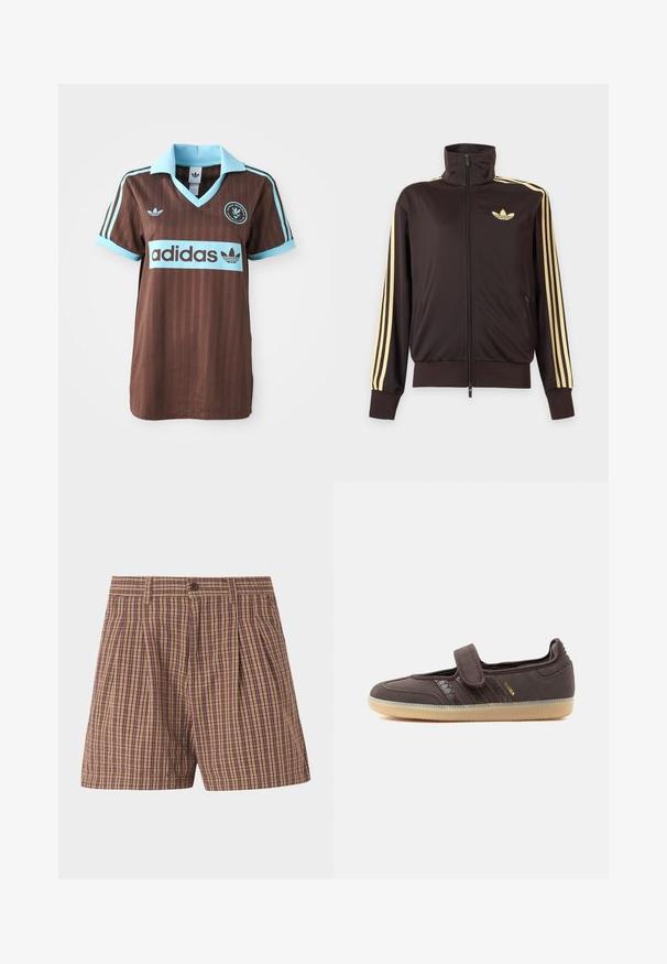 Zwarte joggingjas met rits en hoge kraag, lichtgele strepen op de mouwen en Adidas trefoil-logo op de linkerborst.; Bruine sporttrui met een lichtblauwe kraag en gestreepte accenten. Het "Adidas" logo is prominent op de borst afgebeeld.; Bruine geruite herenshorts met knoop aan de voorkant en riemlussen, met een klassiek geruit patroon.; Bruine Adidas Samba sneaker met klittenbandsluiting, rubberen zool en kenmerkende strepen met krokodillenstructuur op een witte achtergrond.
