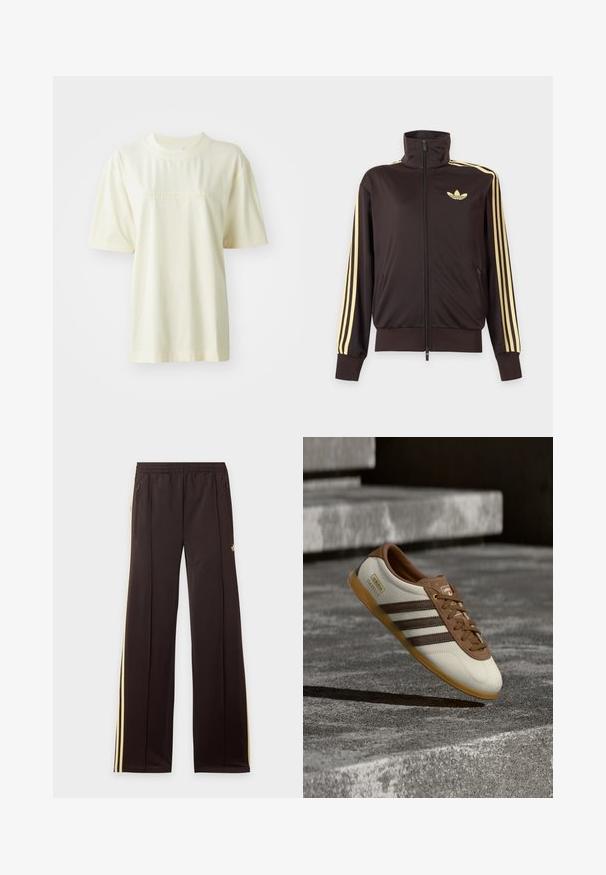 Mustast lukuga spordijakk kõrge kraega, helekollaste triipudega varruka all ja Adidas trefoil logo vasakul rinnal.; Kreemikaalune puuvillane T-särk ümmarguse kaelusega, lühikeste varrukatega ja paisutatud "adidas" logoga rinnal. Sujuv tekstuur ja mugav lõige.; Mustad dressipüksid kollaste küljeribadega, elastse vöökohaga, küljetaskud lukuga ja väike logo reie ülaosas.; Valge ja pruun Adidas Gazelle toss kummist tallaga, hõljuv kivitrepist ja pinnast kõrgemal õues.