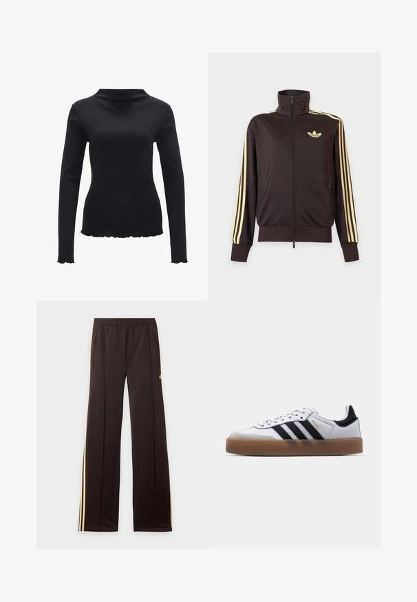 Zwarte joggingjas met rits en hoge kraag, lichtgele strepen op de mouwen en Adidas trefoil-logo op de linkerborst.; Zwarte lange mouwen top van gladde stof, met een mock neck ontwerp en een gegolfde zoom. Geen zichtbare patronen of hardwareaccenten.; Zwarte trainingsbroek met gele zijstrepen, elastische tailleband, ritszakken aan de zijkant en een klein logo op het bovenbeen.; Witte leren sneakers met zwarte strepen, gumrubberen buitenzool, ronde neus, vetersluiting en een zachte grijze suède neuskap.