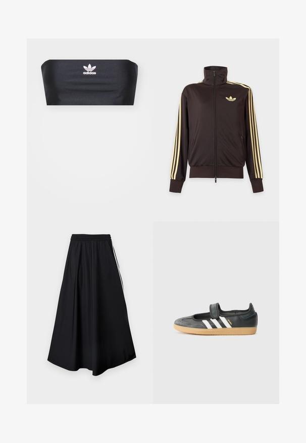 Čierna športová bunda na zips s vysokým golierom, svetložlté pruhy na rukávoch a logo Adidas trefoil na ľavej strane hrude.; Čierny bandeau top vyrobený z hladkej textílie, s bielym logom Adidas umiestneným v strede na prednej strane, bez ďalších vzorov alebo ozdôb.; Čierne nohavice s širokými nohavicami, elastickým pásom a bielymi bočnými pruhmi, zobrazené na jednoduchom bielom pozadí.; Čierne kožené a zamšové tenisky s Velcro pásikom, s tromi bielymi pruhmi a gumenou podrážkou, označené nápisom "SAMBA" na boku.