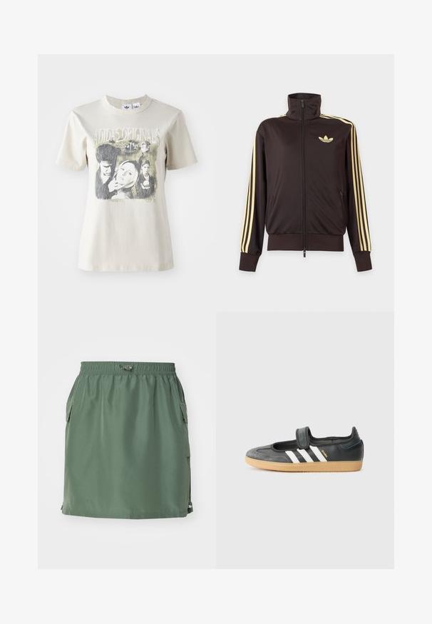 Čierna športová bunda na zips s vysokým golierom, svetložlté pruhy na rukávoch a logo Adidas trefoil na ľavej strane hrude.; Béžové bavlnené tričko s okrúhlym výstrihom. Obsahuje grafický potlač s postavami a textom z "Buffy" v čiernych a sivých odtieňoch.; Khaki zelená sukňa vyrobená z ľahkej tkaniny, so sieťovaným pásom, bočnými vreckami a rovný strih s akcentom na leme.; Čierne kožené a zamšové tenisky s Velcro pásikom, s tromi bielymi pruhmi a gumenou podrážkou, označené nápisom "SAMBA" na boku.