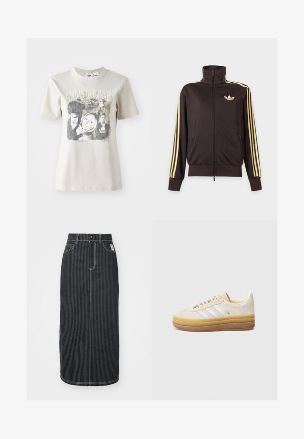 Sort lynlåstrøje med høj krave, lysegule striber ned ad ærmerne og Adidas trefoil-logo på venstre bryst.; Beige bomulds t-shirt med rund hals. Har et grafisk print med karakterer og tekst fra "Buffy" i sort og grå nuancer.; Sort denim midi-nederdel med hvide lodrette striber. Har en knapliv, to forlommer og kontrastsyninger. Lige snit design.; Beige ruskindssneaker med tre hvide striber, en struktureret tanfarvet sål og guldbranding. Har en rundet tå og en blød polstret krave.