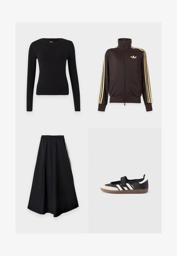 Sort lynlåstrøje med høj krave, lysegule striber ned ad ærmerne og Adidas trefoil-logo på venstre bryst.; Sort langærmet tætsiddende t-shirt med rund hals og lige kant, vist på en hvid baggrund.; Sorte bukser med vidde i benene, elastisk talje og hvide sidestriber, vist mod en simpel hvid baggrund.; Sort og beige sko med velcrolukning, tre hvide striber på siden og en tekstureret brun gummisål. Mærkelogo er synligt.