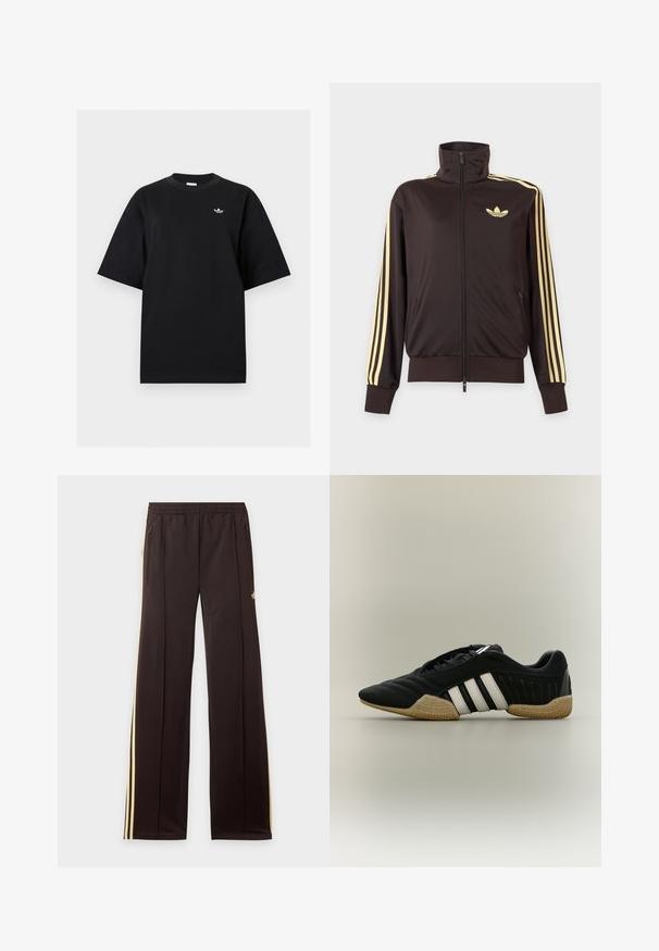 Black zip-up track jacket with high collar, light yellow stripes down sleeves, and Adidas trefoil logo on left chest.; Black short-sleeve crewneck t-shirt with small white Adidas Trefoil logo on left chest, displayed on a plain light background.; Black track pants with yellow side stripes, elastic waistband, zippered side pockets, and a small logo on the upper thigh.; Black athletic shoe with white stripes and beige textured sole on a neutral background, shown in side profile.