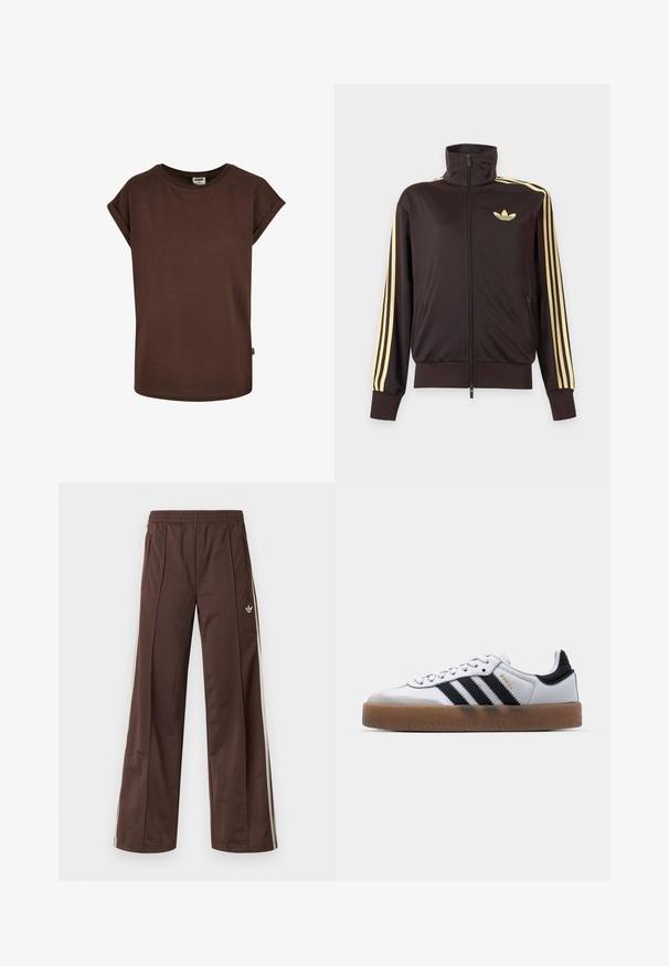 Zwarte joggingjas met rits en hoge kraag, lichtgele strepen op de mouwen en Adidas trefoil-logo op de linkerborst.; Bruine katoenen t-shirt met korte opgerolde mouwen, ronde halslijn en een losse pasvorm. Heeft een klein label op de zijnaad.; Bruine sportbroek met een wijd uitlopende pijp, witte zijstrepen, een elastische tailleband en twee zijzakken. Heeft een klein logo op het been.; Witte leren sneakers met zwarte strepen, gumrubberen buitenzool, ronde neus, vetersluiting en een zachte grijze suède neuskap.