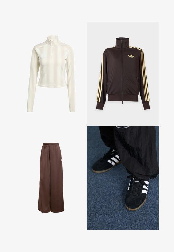 Zwarte joggingjas met rits en hoge kraag, lichtgele strepen op de mouwen en Adidas trefoil-logo op de linkerborst.; Witte langesleeve zip-up top met hoge kraag, met subtiele verticale strepen en logo-accenten op de borst en mouw. Zachte stofstructuur.; adidas Originals Trainingsbroek - auburn cream white; Zwarte suède sportschoenen met drie witte strepen en zwarte veters. Een gestructureerde zwarte broek is deels zichtbaar naast de schoenen.