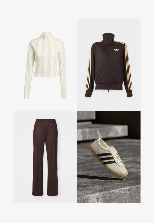 Musta vetoketjullinen urheilutakki korkealla kauluksella, vaaleankeltaiset raidat hihoissa ja Adidas trefoil -logo vasemmassa rinnassa.; Valkoinen pitkähihaisuus vetoketjullinen paita korkealla kauluksella, jossa on hienovaraisia pystyraitoja sekä logoja rinnassa ja hihassa. Pehmeä kankaan pinta.; Ruskeat urheiluhousut, joissa on joustava vyötärö, kaksi sivutaskua ja pieni logo vasemmalla puolella, valmistettu pehmeästä kankaasta.; Valkoinen lenkkari mustilla raidoilla ja kumipohja leijuu betoniporrasten yllä pehmeässä päivänvalossa.
