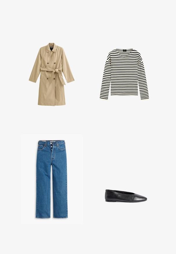Beige trenchcoat lavet af letvægtsstof, dobbeltrækket design, bælte i taljen, med to sidelommer og en foret krave.; Langærmet skjorte med sorte og hvide vandrette striber og V-hals krave, vist på en ensfarvet hvid baggrund.; Blå denim lige ben jeans med høj talje, fem lomme design og knaplukning. Markante syninger og kobberfarvede nitter.; Sort læderballetsko med spids tå, glat tekstur, minimalistisk design og en svag hæl for stabilitet.