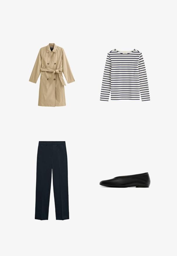 Manteau trench beige en tissu léger, conception double boutonnage, taille cintrée par une ceinture, avec deux poches latérales et un col doublé.; Chemise blanche à manches longues avec des rayures horizontales bleu marine et un col rond, étalée à plat sur un fond blanc.; Pantalons bleu marine avec une coupe droite, devant plat, deux poches latérales et une texture lisse. Aucun motif ou accent visible.; Chaussure plate noire avec extérieur en cuir lisse, bout arrondi, profil bas, détails minimalistes et semelle flexible.