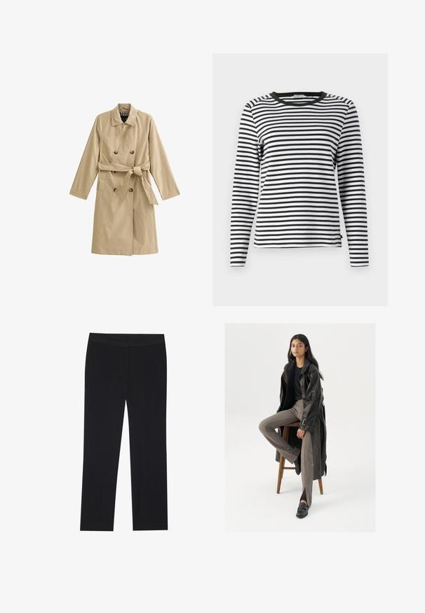 Beige trenchcoat lavet af letvægtsstof, dobbeltrækket design, bælte i taljen, med to sidelommer og en foret krave.; Langærmet skjorte i sort og hvid stribet design med en rund, grøn halsudskæring. Blødt stof med normal pasform og lige søm.; Sorte bukser med lige ben-design, der har sidelommer og en glat tekstur. Minimalistisk detaljering, ren livvidde.; Sort læder trench coat med knapper og bælte detalje, parret med lysebrune tætsiddende bukser og sorte loafers, siddende på en træstol.