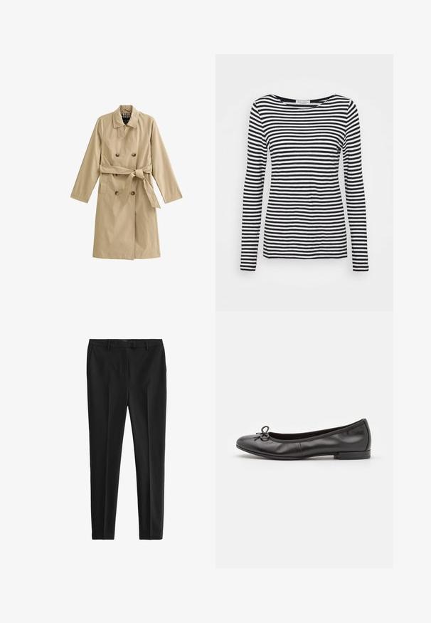 Beige trenchcoat lavet af letvægtsstof, dobbeltrækket design, bælte i taljen, med to sidelommer og en foret krave.; Langærmet T-shirt med rund hals, prydet med et sort-hvidt stribet mønster. Fremstillet af blødt stof med regular fit. Renset, minimalistisk design.; Sorte bukser lavet af glat stof, med skræddersyet pasform, frontfolder og bæltestropper, samt sidelommer og baglommer.; Sorte læder balletflade sko med rund tå, en lille sløjfedetail på fronten og en lav, rektangulær hæl. Glat tekstur.