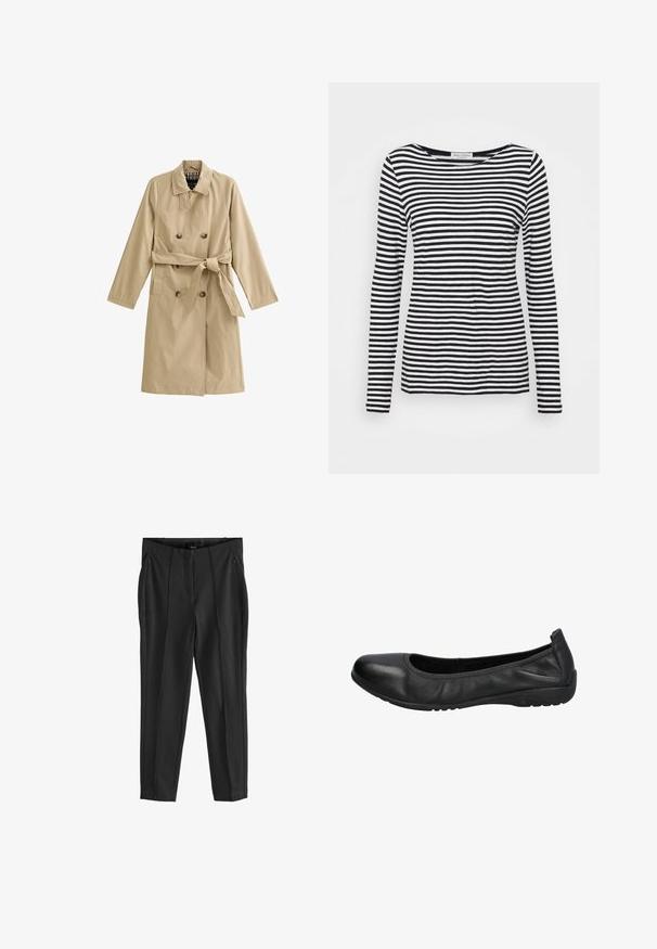 Beige Trenchcoat aus leichtem Stoff, doppelreihiges Design, mit Gürtellinie, zwei Seitentaschen und gefüttertem Kragen.; Langärmliges T-Shirt mit Rundhalsausschnitt, das ein schwarz-weiß gestreiftes Muster aufweist. Aus weicherm Stoff und mit regulärer Passform gefertigt. Sauberes, minimalistisches Design.; Schwarze, taillierte Hose mit glatter Textur, ausgestattet mit zwei vorderen Reißverschlusstaschen und vorderen Falten für ein strukturiertes Design.; Schwarze Leder-Ballettschuhe mit einer runden Spitze, glatter Textur und einem leicht elastischen Rand für zusätzlichen Komfort. Gummisohle für besseren Halt.