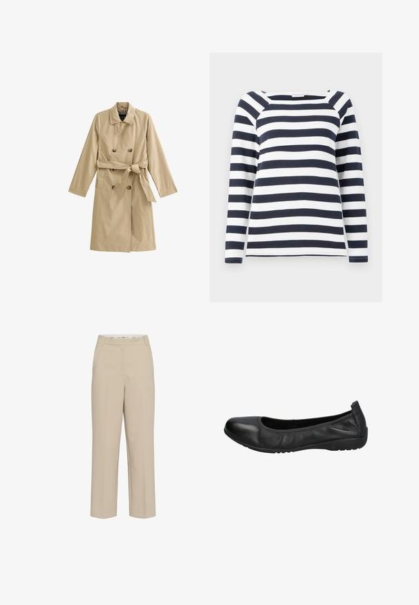 Beige trenchcoat lavet af letvægtsstof, dobbeltrækket design, bælte i taljen, med to sidelommer og en foret krave.; TOM TAILOR STRIPED CARRE NECK - Langærmet T-shirt - lunar eclipse/off white; Beige skræddersyede bukser med lige ben, med bæltestropper og en skjult frontlukning, præsenteret på en hvid baggrund.; Sorte læder balletflade med rund tå, glat overflade og en let elastisk kant for komfort. Gummisål for godt greb.