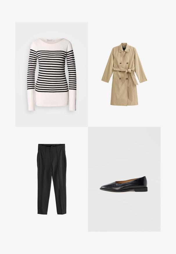 Beige trench coat valmistettu kevyestä kankaasta, kaksirivinen malli, vyötäröhihna, jossa on kaksi sivutaskua ja vuorattu kaulus.; Pitkähihaista raidallista paitaa, jossa mustat ja valkoiset vaakaraidat, venepään malli ja kiinteä siluetti. Puuvillasekoitetta.; Mustat kapenevat housut, joissa on sileä pinta, varustettuna kahdella etutaskulla vetoketjulla ja etutaitteilla rakenteellisen muotoilun takaamiseksi.; Musta nahkainen tasainen kenkä, jossa on terävä kärki ja matala neliömäinen korko. Sileä pinta, minimalistinen muotoilu, ei näkyvää metalliosaa tai kuvioita.