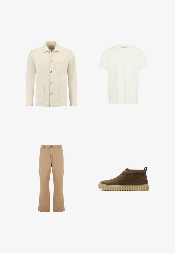 Chaqueta de mezclilla beige clara con mangas largas, dos bolsillos frontales y botones de madera claros. Presenta un cuello clásico y costuras mínimas.; Camiseta de algodón blanca con cuello redondo, mangas cortas y corte recto. La tela parece suave con un ligero brillo. Sin patrones ni acentos.; Pantalones de algodón beige con un corte recto, que cuentan con un cierre de botón, bolsillos frontales y una textura suave.; Botines de ante marrón con punta redondeada, costuras mínimas y suela de goma gruesa y texturizada. Presenta un diseño de cordones y una pestaña en el talón.