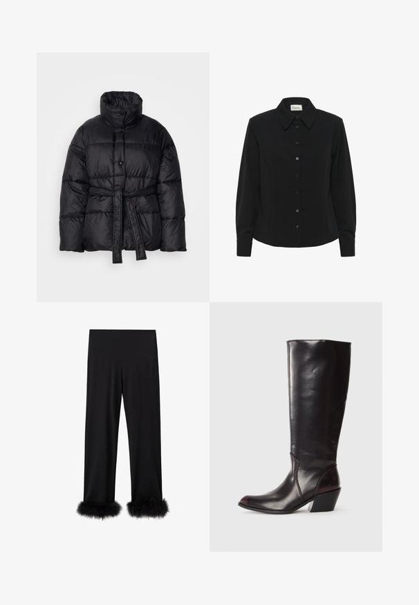 Veste doudoune noire avec un col haut, une taille ceinturée et des fermetures à boutons. Fabriquée en tissu brillant avec un design matelassé et une texture douce.; Chemise noire à manches longues avec un devant à boutons, col classique et tissu lisse. Présente six boutons ronds noirs le long de la patte de boutonnage.; Pantalons noirs en tissu lisse, avec des jambes larges et un bord en fausse fourrure. Le design offre une coupe décontractée adaptée à diverses occasions.; Botte en cuir brun foncé, à hauteur de genou, avec un bout pointu, un talon bloc angulaire et une texture lisse et brillante. Présente un design épuré et des détails de couture.