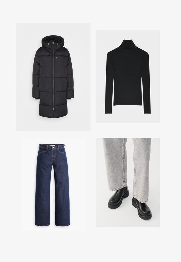 Minimum MAILINE - Wintermantel - black; Schwarzer, langärmeliger, gerippter Rollkragenpullover mit figurbetonter Silhouette und einem dezenten, in der Nähe des Kragens eingestickten Logo.; Dunkelblaue Jeans mit hoher Taille, weitem Bein und dezentem orangem Nähgarn. Mit einer Frontknopf- und Reißverschlussöffnung.; Vagabond COSMO - Plateaustiefelette - black