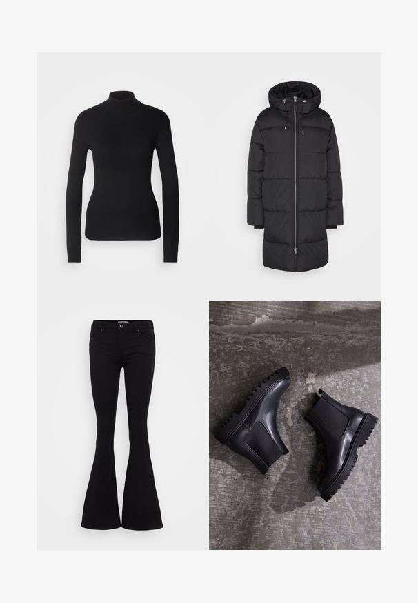 Minimum MAILINE - Vinterfrakke - black; Sort turtleneck sweater lavet af let strikket stof. Har lange ærmer, et tætsiddende design og en blød ribbet tekstur.; Sorte flared jeans med en glat stof, medium taljehøjde, forlommer og en knaplukning. Nederdelen flarer ud i bunden.; Sorte ankelstøvler med en kraftig sål, elastiske paneler og en glat læderfinish. Markant ribbet ydersål og slank silhuet.