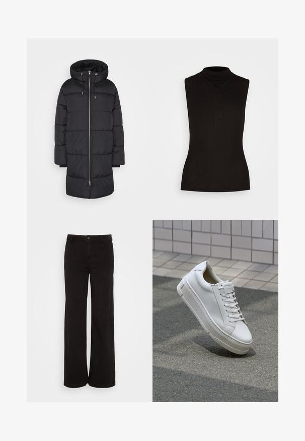 Minimum MAILINE - Wintermantel - black; Zwarte mouwloze coltop van ribbelstof, met een hoge hals en een aansluitende silhoët. Geen patronen of accenten.; American Eagle BAGGY WIDE LEG - Wide leg - black wash; Witte leren sneaker met een low-top ontwerp, platte veters, ronde neus en textuur zijden. Dikke rubberen zool met subtiele accenten.