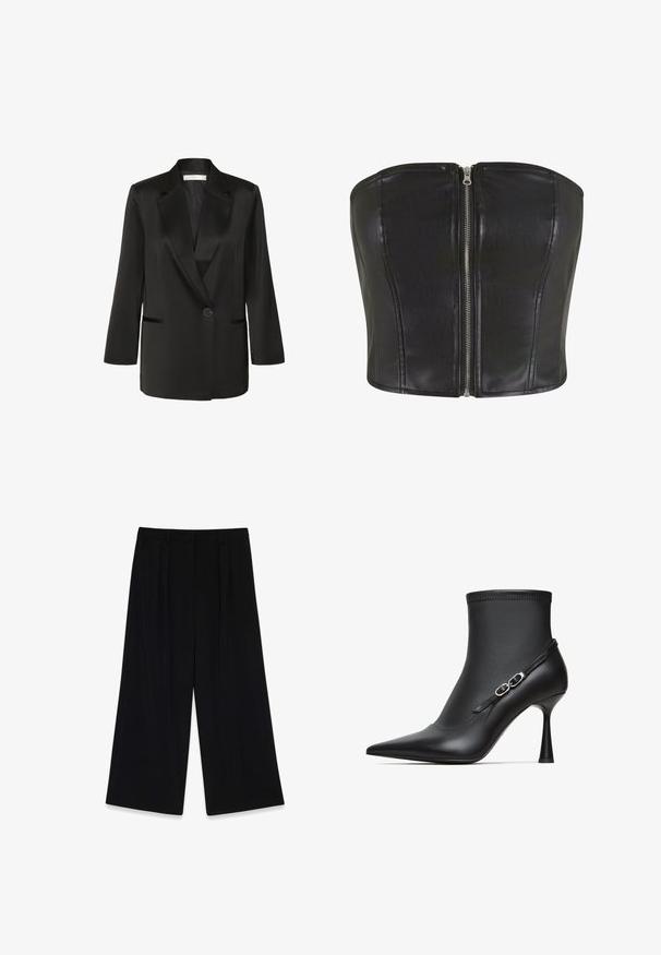 Blazer de satén negro con cuello con muescas, cierre de un botón, bolsillos laterales y mangas de tres cuartos. Textura suave y corte ajustado.; Top de corsé de cuero negro con un ajuste estructurado. Presenta una cremallera central de plata y detalles de costura a lo largo del cuerpo. Textura suave.; Pantalones de pierna ancha negros, hechos de un tejido suave, con pliegues en la parte delantera, cintura de altura media y sin cierres o adornos visibles.; Bota de tobillo negra con punta afilada, hecha de cuero suave, con un tubo ajustado y un delgado tacón de aguja con un detalle de correa decorativa.