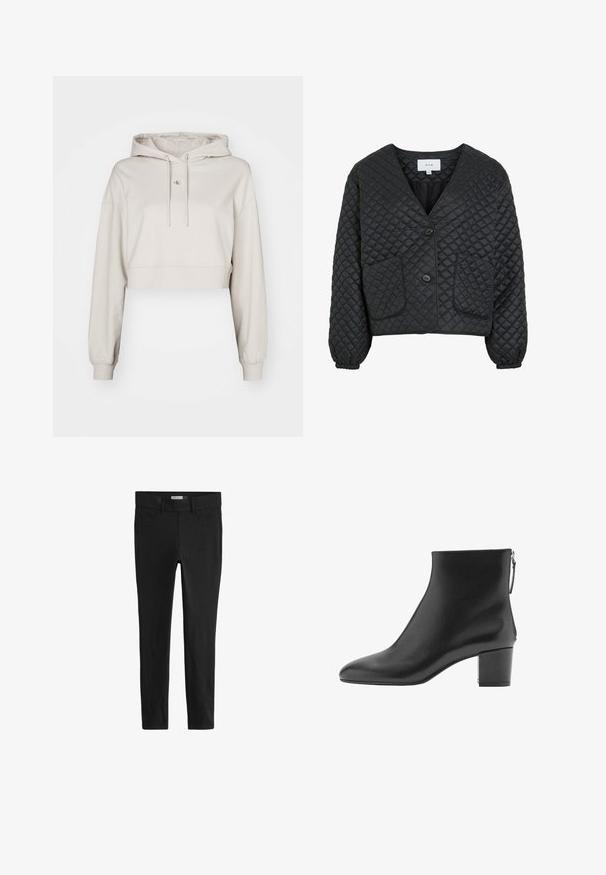 Schwarze gesteppte Jacke mit V-Ausschnitt, zwei Fronttaschen und Knopfverschluss. Verfügt über elastische Bündchen und eine strukturierte, glatte Oberfläche.; Beige Crop-Hoodie aus weichem Stoff, mit einer Kordelzugkapuze, langen Ärmeln und einem kleinen Logopatch auf der Brust.; Schwarze Baumwollmischung Skinny-Hosen mit fünf Taschen, Gürtelschlaufen und glatter Textur. Besitzt einen klassischen Schnitt und ein gerades Bein-Design.; Schwarze Leder-Ankelboots mit spitzem Zehenbereich, glatter Oberfläche und Blockabsatz. Verfügt über einen seitlichen Reißverschluss für ein einfaches An- und Ausziehen.