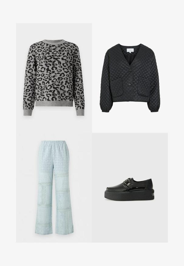 Veste noire matelassée avec un col en V, deux poches avant et fermeture à boutons. Présente des poignets élastiqués et une finition lisse et texturée.; Pull gris avec un motif léopard noir. Il présente un col rond et des côtes aux poignets et à l'ourlet. Fabriqué en matière tricotée douce.; Pantalon large bleu clair avec taille élastique et motif complexe en patchwork de dentelle sur toute la surface.; Replay NATHY DARK - Mocassins - black