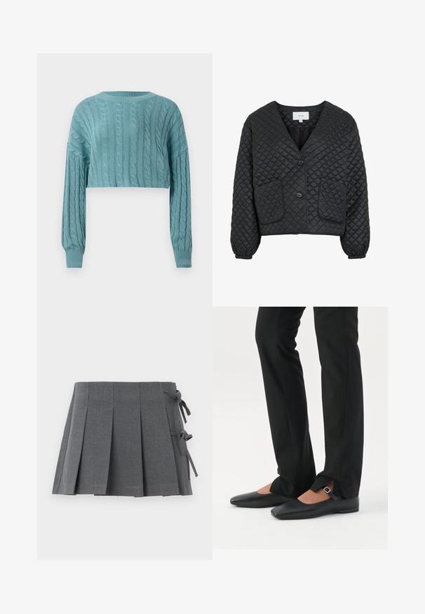 Sort quiltet jakke med V-hals, to frontlommer og knaplukning. Har elastiske mansjetter og en tekstureret, glat overflade.; Lyseblå cropped kabelstrik cardigan med lange ærmer og ribbede manchetter og halsudskæring på en hvid baggrund.; Grå plisseret mininederdel i et struktureret stof med bindelukning på den ene side og en glat linning for øget komfort.; Ben iført sorte smalle bukser med forreste slidser ved kanten, parret med sorte flade Mary Jane-sko med lille spænde.