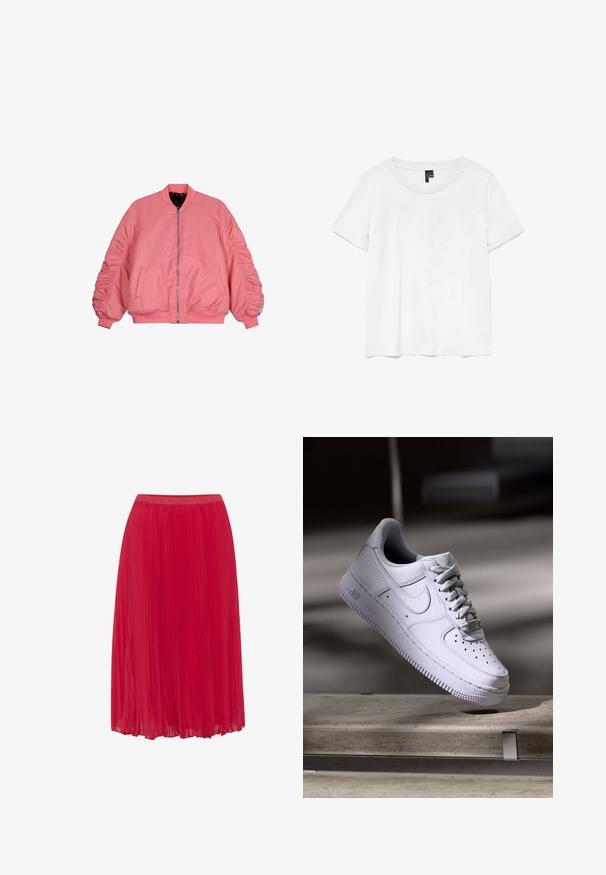 Pink bomberjakke, satin-finish, ribbede manchetter og kant, indsnørede ærmer, to frontlommer, lynlås-lukning, leopardmønstret indvendig foring.; Hvid kortærmet t-shirt med rund halsudskæring, lavet af letvægtsstof. Enkel design, glat tekstur og lige kant.; Rød plisseret nederdel i et glat, let materiale. Har en elastisk talje og et flydende design for nem bevægelse.; Hvid Nike Air Force 1 sneaker svævende over en betonoverflade med skygger i et minimalistisk miljø.