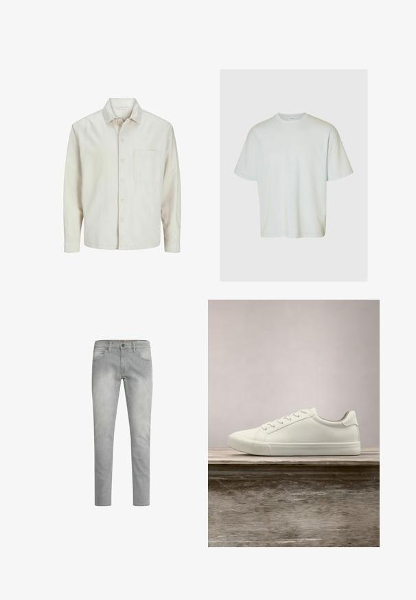 Chemise beige à manches longues en coton, avec un col classique, une poche poitrine et une coupe décontractée. Texture lisse et douce.; Selected SLMLOOSEOSCAR - T-shirt basique - ice melt; Jeans gris clair avec une coupe droite, un léger délavage, des poches avant et une fermeture à bouton classique à la taille.; Sneaker en dentelle blanche flottant au-dessus d'un banc en bois avec un feuillage vert en arrière-plan, mettant en valeur le design et la texture de la chaussure.