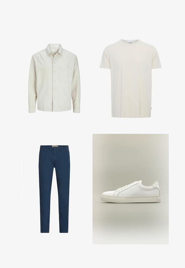 Beige overhemd met knopen, gemaakt van katoen, met een klassieke kraag, lange mouwen, één borstzak en een comfortabele pasvorm. Glad, zacht textuur.; Effen off-white T-shirt met korte mouwen en ronde hals, met een klein labeltje bij de kraag en een zijlabel aan de zoom.; Marineblauwe slim-fit herenbroek met riemlussen, sluiting met knoop aan de voorkant en zijzakken, tentoongesteld tegen een witte achtergrond.; Witte lage sneaker met veters aan de voorkant en dikke zool, zijaanzicht tegen een neutrale achtergrond.