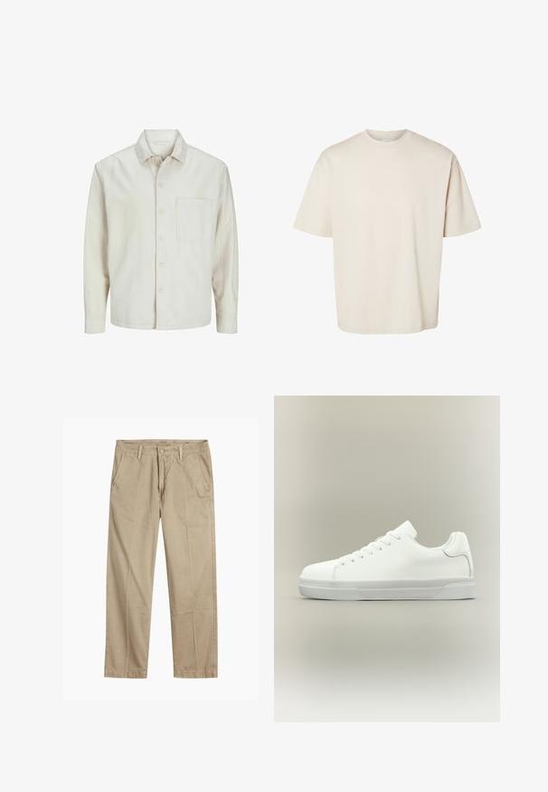 Beige overhemd met knopen, gemaakt van katoen, met een klassieke kraag, lange mouwen, één borstzak en een comfortabele pasvorm. Glad, zacht textuur.; Effen beige oversized katoenen T-shirt met korte mouwen en ronde hals, plat gelegd op een witte achtergrond.; Beige rechte pijpen chinos met riemlussen, voorkant met knoop en rits sluiting, en schuine voorzakken.; Witte lage sneaker met veters aan de voorkant, gevoerde kraag en gerubberde zool met textuur, zijaanzicht op een neutrale achtergrond.