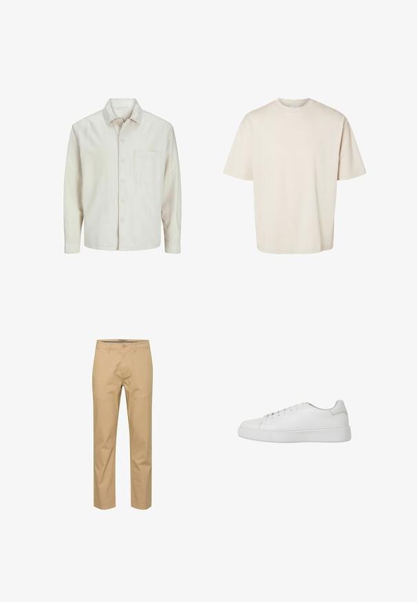 Chemise beige à manches longues en coton, avec un col classique, une poche poitrine et une coupe décontractée. Texture lisse et douce.; T-shirt en coton beige uni, manches courtes, oversize, col rond, présenté à plat sur fond blanc.; Chinos en coton beige avec une coupe droite, passants de ceinture, fermeture à bouton à l'avant et deux poches latérales. Texture lisse avec peu de plis.; Baskets blanches en cuir lisse avec un bout arrondi, des détails cousus et une semelle en caoutchouc plate. Design minimaliste avec un système de laçage.