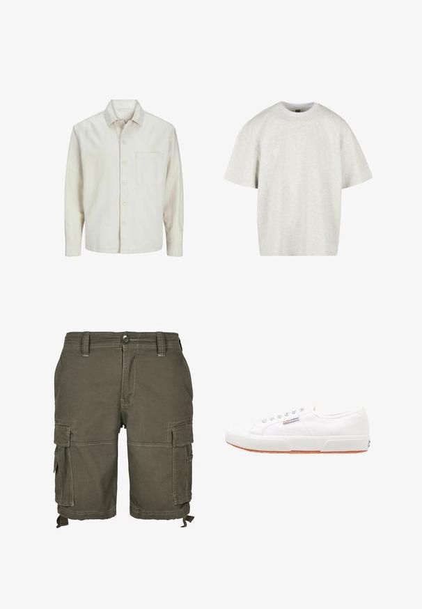 Chemise beige à manches longues en coton, avec un col classique, une poche poitrine et une coupe décontractée. Texture lisse et douce.; T-shirt en coton gris clair à manches courtes, col rond et coupe décontractée. Le tissu a une surface douce et légèrement texturée.; Shorts cargo vert olive en tissu durable, avec de multiples poches latérales, des passants de ceinture et des détails cousus pour une texture supplémentaire.; Baskets en toile blanches avec une semelle en caoutchouc, design à lacets et une petite étiquette logo sur le côté. Tige blanche texturée et semelle extérieure marron.