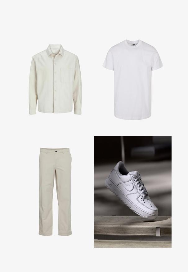 Camisa de botón de color beige hecha de algodón, con un cuello clásico, mangas largas, un bolsillo en el pecho y un corte relajado. Textura suave y lisa.; Camiseta de algodón blanca de manga corta, con escote redondo y dobladillo recto. Textura suave, sin patrones ni gráficos, etiquetada como 'Urban Classic.'; Pantalones de algodón beige con diseño de pierna recta, bolsillos delanteros y cierre de un solo botón. Textura suave y detalles mínimos de costuras.; Zapatilla Nike Air Force 1 de cuero blanco que presenta una puntera perforada, cordones planos y una suela de goma texturizada con la marca "AIR" en el lateral.