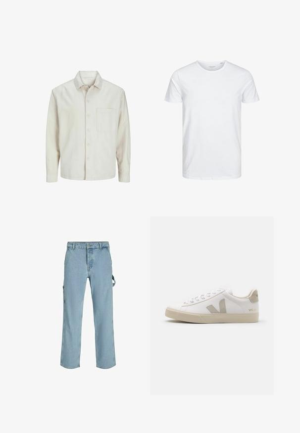 Beige overhemd met knopen, gemaakt van katoen, met een klassieke kraag, lange mouwen, één borstzak en een comfortabele pasvorm. Glad, zacht textuur.; Ronde hals kortemouwen t-shirt in effen wit, gemaakt van zachte katoen, heeft een eenvoudig ontwerp zonder zichtbare patronen of accenten.; Lichtblauwe denim cargo pants met een ontspannen pasvorm, voorzien van zijbevestigingslussen en voorzakken, met een vervaagde textuur.; Witte leren sneaker met beige accenten, platte rubberen zool, ronde neus en contrasterend logo aan de zijkant en achterkant. Vetersluiting.