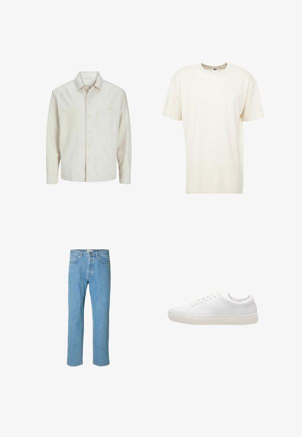 Beige overhemd met knopen, gemaakt van katoen, met een klassieke kraag, lange mouwen, één borstzak en een comfortabele pasvorm. Glad, zacht textuur.; Korte mouwen, ronde hals t-shirt in lichtcrème kleur. Gemaakt van zacht katoen met een relaxte pasvorm en minimale naden.; Lichtblauwe denim jeans met een recht gesneden ontwerp. Kenmerken zijn een knoopsluiting, vijf zakken en gestikte details langs de naden.; Witte leren sneaker met een gladde textuur, ronde neus, vetersluiting en een platte rubberen zool. Minimalistisch ontwerp zonder zichtbare patronen.