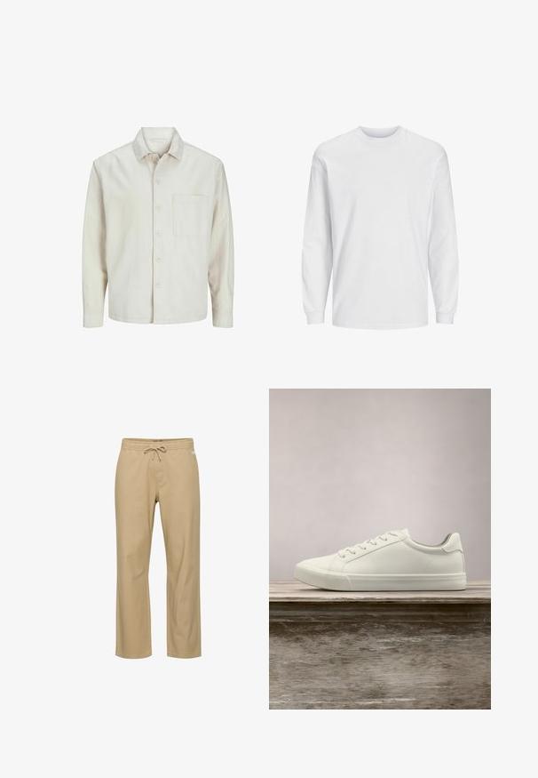Beige knap-skjorte lavet af bomuld med klassisk krave, lange ærmer, en brystlomme og en afslappet pasform. Glat, blød tekstur.; Langærmet hvid t-shirt lavet af bomuld. Har rund hals og ensfarvet design uden mønstre eller accenter. Blød, glat tekstur.; Beige bomuldsbukser med afslappet pasform, elastik i taljen og snøre. Har sidelommer og lige ben. Ingen synlige mønstre.; Hvide snørresneakers svævende over en træbænk med grønne planter i baggrunden, der fremhæver skodesign og tekstur.