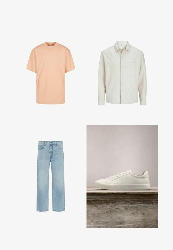 Beige overhemd met knopen, gemaakt van katoen, met een klassieke kraag, lange mouwen, één borstzak en een comfortabele pasvorm. Glad, zacht textuur.; Licht perzikkleurig t-shirt met korte mouwen van katoen. Heeft een ronde halslijn en een comfortabele pasvorm. Gladde textuur zonder patronen of afbeeldingen.; Lichtblauwe spijkerbroek met rechte pijpen, voorzakken en knoopsluiting, met subtiele vervaging en minimale slijtage.; Witte vetersneaker die boven een houten bank zweeft met groene bladeren op de achtergrond, waarbij het ontwerp en de textuur van de schoen worden getoond.