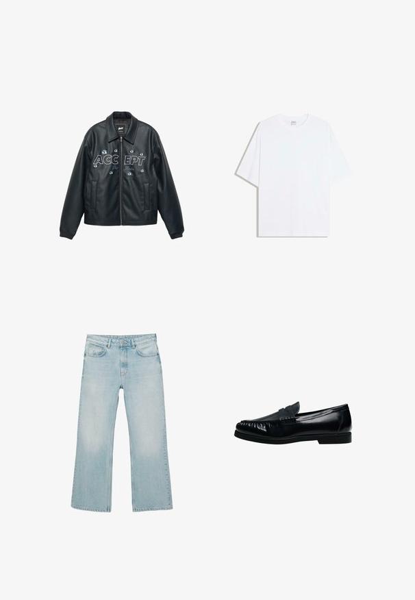 Veste zippée noire en fausse cuir avec col, poches avant, et texte brodé "ACCEPT The Rules" entouré de motifs floraux bleus décoratifs.; T-shirt oversize en coton blanc avec un col rond et des manches courtes ; texture lisse, sans motifs ni accents visibles.; Jean large coupe pattes d'éléphant bleu clair avec fermeture par boutons sur le devant, fermeture éclair et cinq poches, sur fond blanc.; Mocassin penny loafer pour homme en cuir noir avec bout moc cousu et petit talon, présenté de profil sur fond blanc.