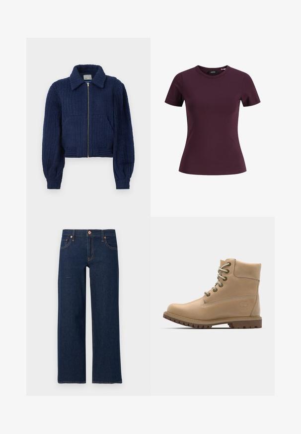 Marineblaue, cropped Jacke aus strukturiertem Stoff, mit Reißverschluss vorne, Kragen und zwei vorderen Taschen. Elastische Bündchen mit Rippdetails.; Einfarbiges, figurbetontes T-Shirt mit kurzen Ärmeln in Dunkellila mit Rundhalsausschnitt und ohne sichtbare Muster oder Logos.; Dunkelblaue Jeans mit geradem Bein, vorderer Knopfleiste und Reißverschluss, fünf Taschen und sichtbaren orangen Nähten auf grauem Hintergrund.; Beige Leder Stiefeletten mit runder Spitze, beigen Schnürsenkeln und robuster Sohle. Mit Seitennähten und einem runden Logo an der Ferse.